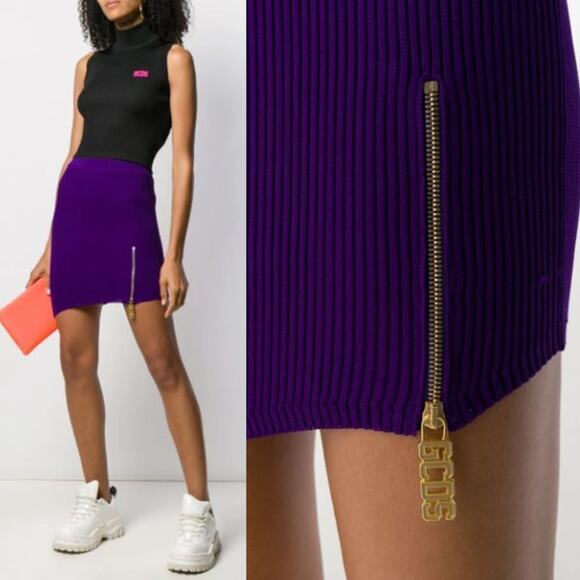 GCDS | Asymmetric Logo Zip Detail Ribbed Knit Mini Skirt In Purple S - Picture 1 of 9